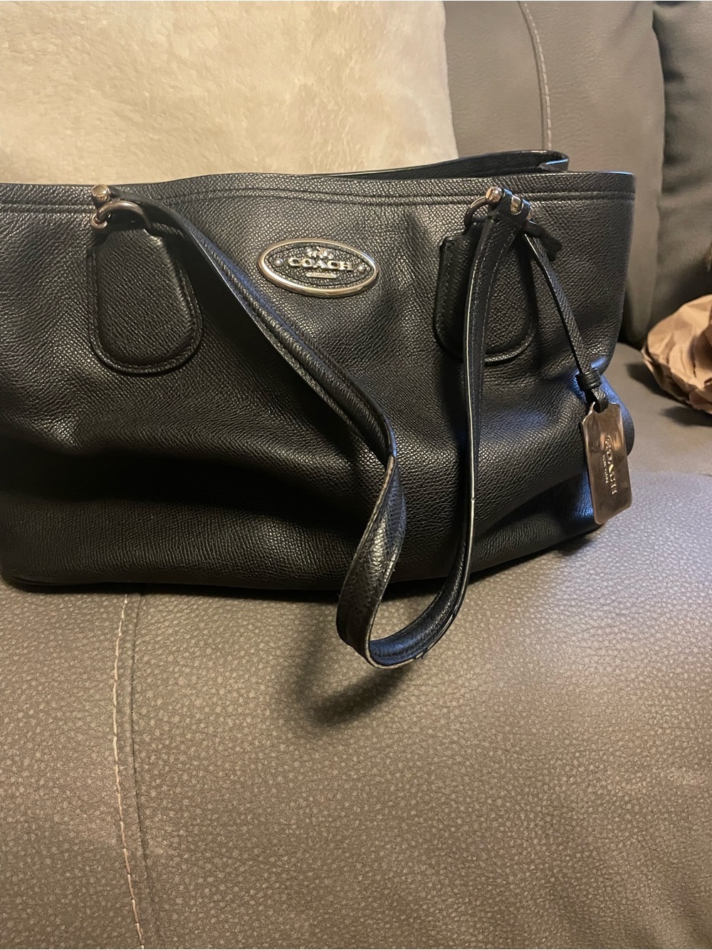 Coach Black Leather Shoulder Tote with Oval Signature. In perfect condition